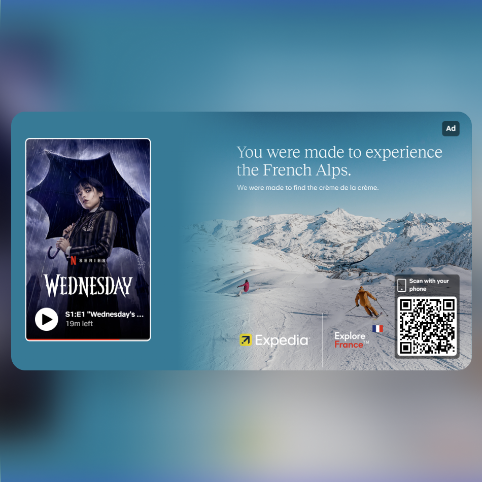 Campaign promoting travel with QR code and booking offer for france, featuring a serene blue design.