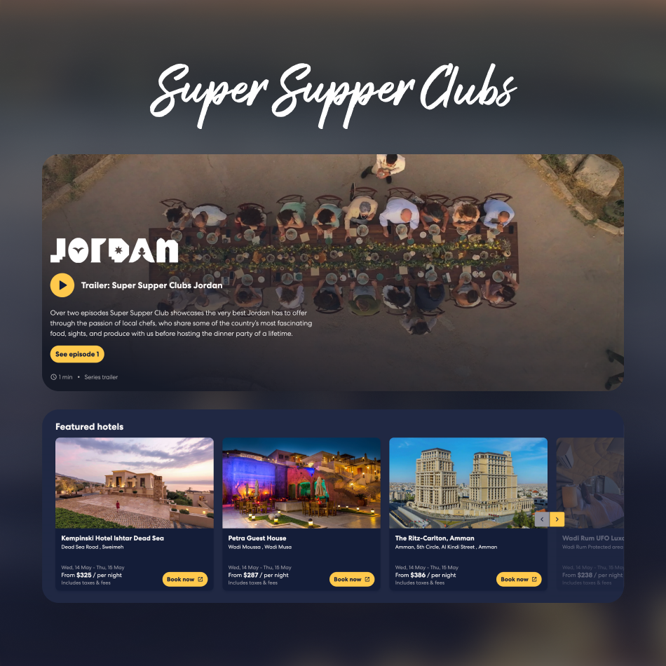 Jordan tourism website promoting the “Super Supper Clubs” with images of landscapes and local adventures.