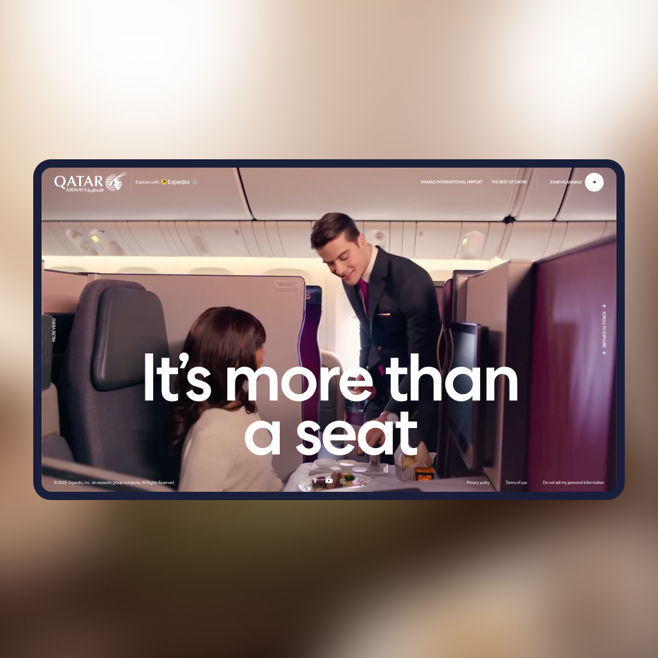 Qatar Airways promotional image featuring a business class passenger with the tagline “It’s more than a seat.”