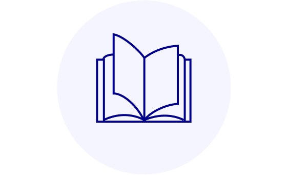 Circle icon featuring a simple outline of an open book.