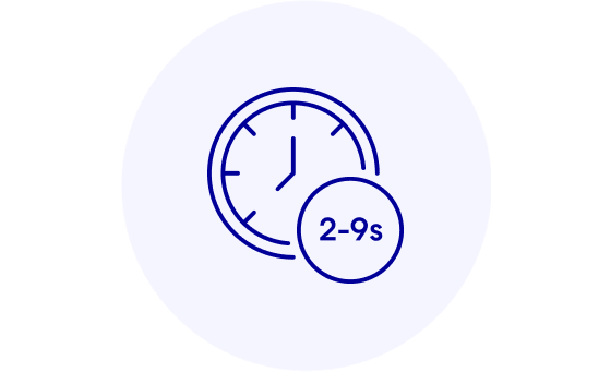 Circle icon featuring a clock outline with “2-9s” on the clock face.