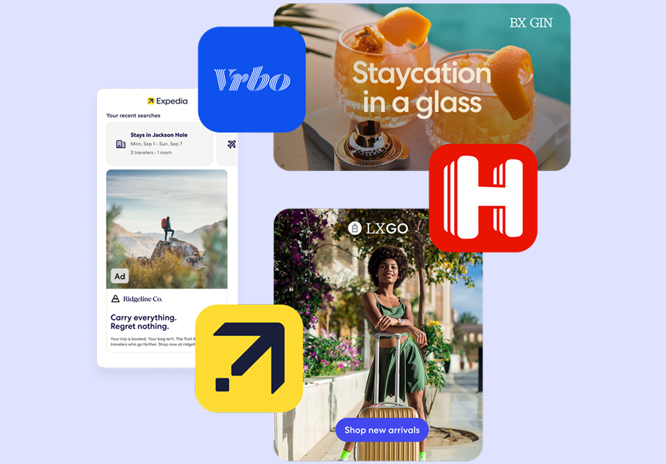 Collage of travel and lifestyle brand placements, including an Expedia app mockup, Vrbo logo tile, cocktail banner, Hotels.com logo, fashion travel image, and Expedia logo.