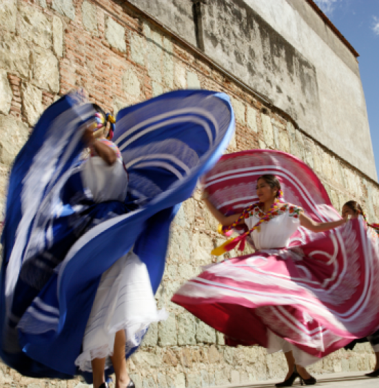 A group of folklorico dancers performing outdoors