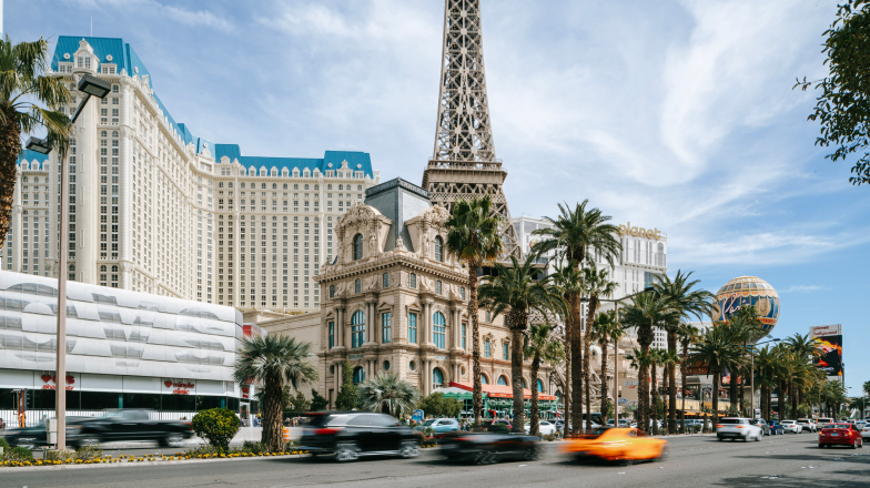 View of Paris Las Vegas on the Las Vegas Strip, featuring the Vegas Eiffel Tower.