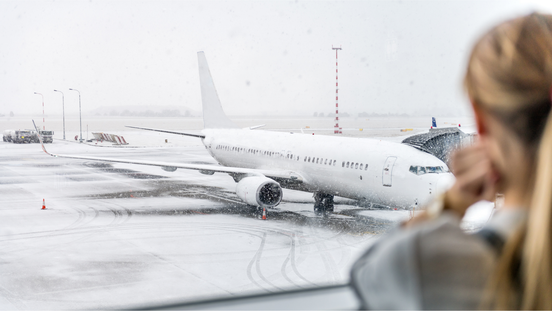  雨が打ちつける窓からターミナルで待機している飛行機を眺める女性の写真。