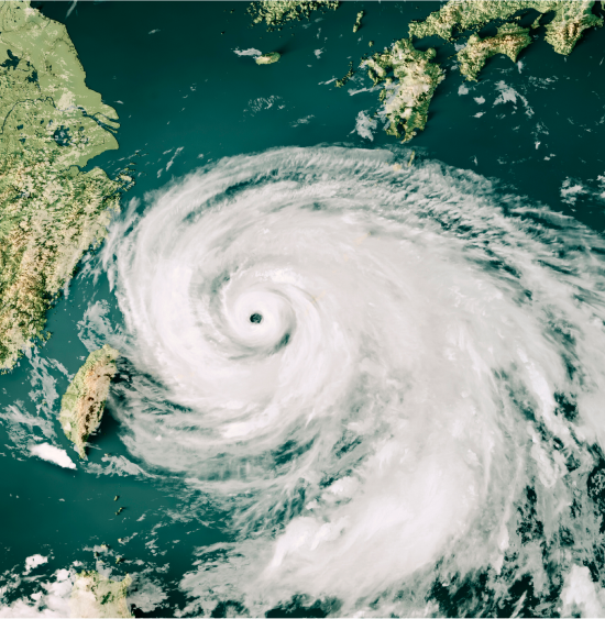 Overhead satellite image of a hurricane approaching Japan.