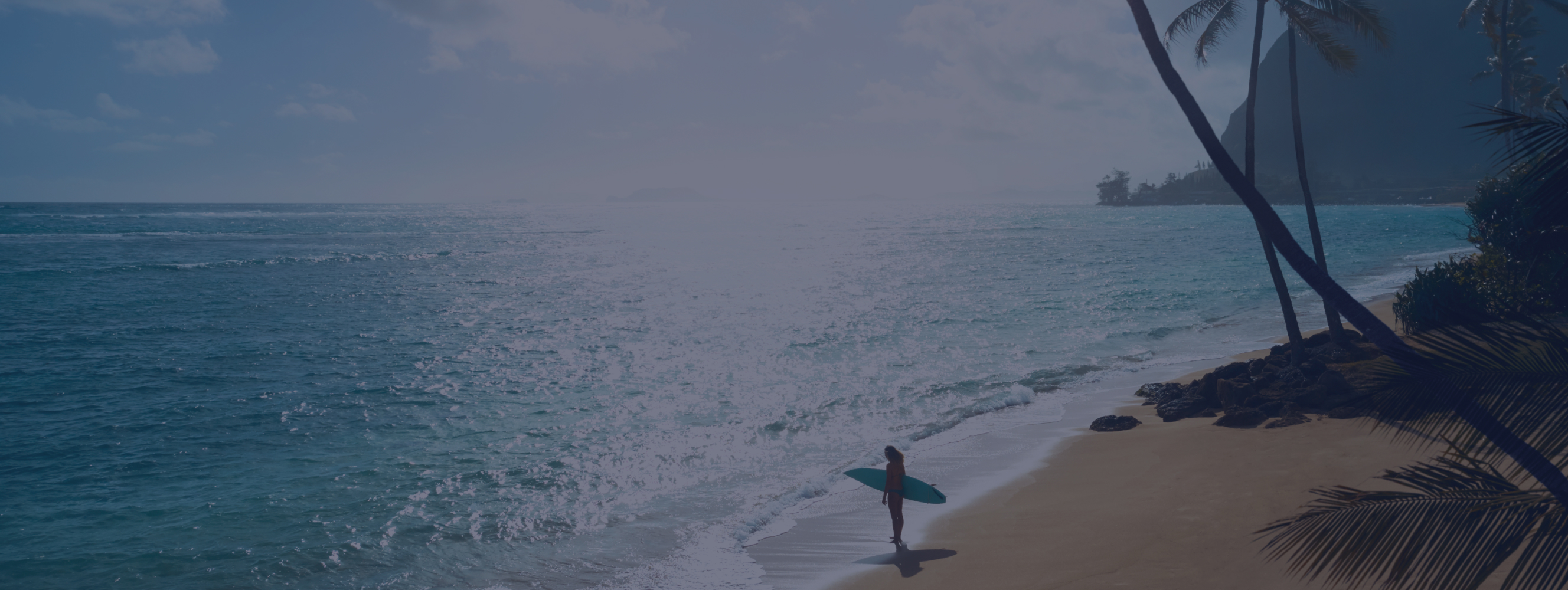 Person carrying a surfboard along a sandy tropical beach lined with palm trees, with bright sunlight reflecting off the ocean.