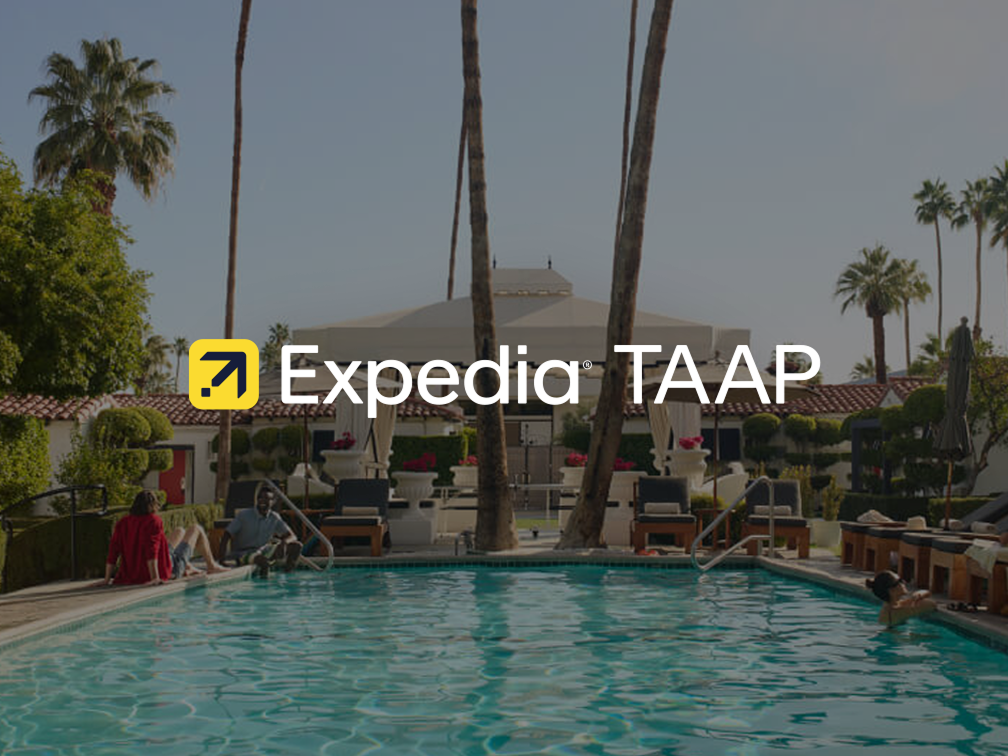 People swimming and relaxing around the resort pool with a TAAP logo overlay on the image.