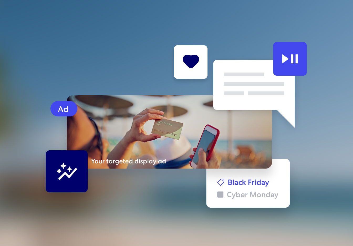 A woman showing a hand holding a credit card and smartphone at the beach, surrounded by marketing and ad-related icons, illustrating budget optimisation.