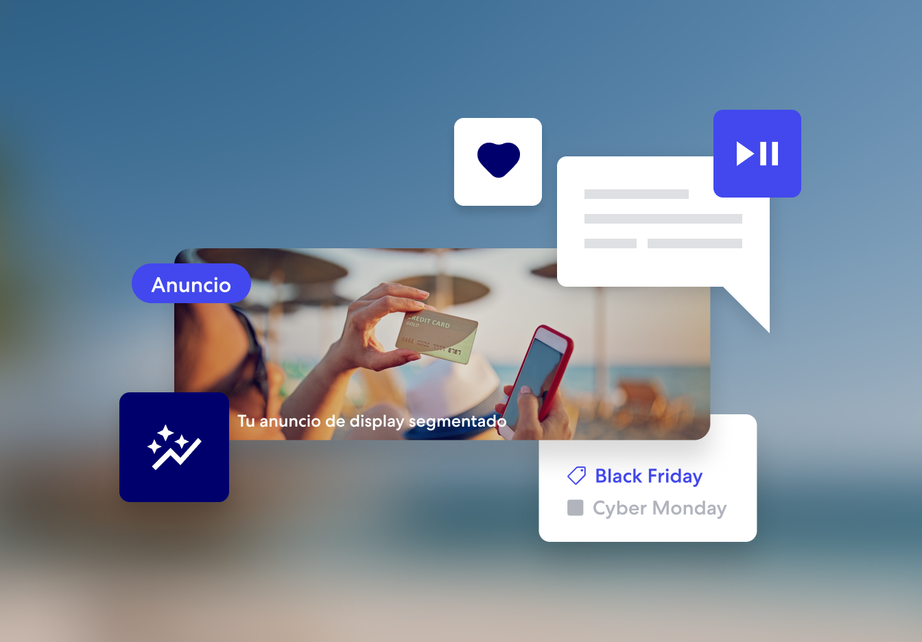 Una mujer sostiene una tarjeta de crédito y un smartphone en la mano. Está en la playa, rodeada de iconos relacionados con el marketing y la publicidad, que ilustran la optimización del presupuesto.