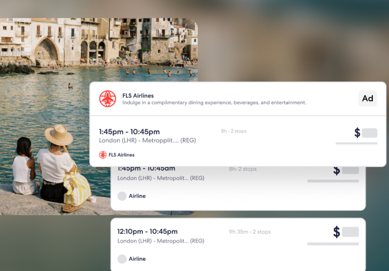 Flight search results interface displaying a sponsored airline advertisement for FLS Airlines, featuring a prominent airline logo, ad label, and promotional message. The ad highlights a specific flight from London Heathrow (LHR) to a destination, with departure and arrival times, duration, number of stops, and a price placeholder.