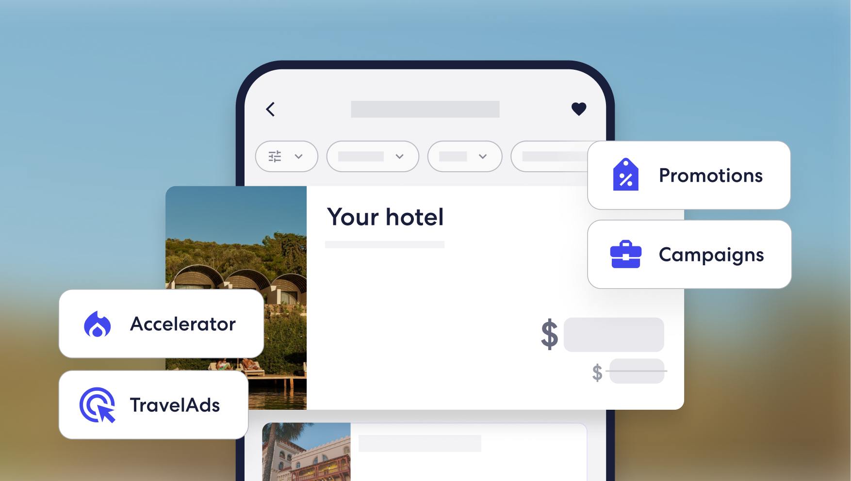 Écran d’un appareil mobile affichant des outils détaillés d’annonces d’hôtels partenaires, avec des superpositions interactives indiquant Promotions, Campaigns, Accelerator et TravelAds, le tout sur un fond bleu ciel et couleur sable.