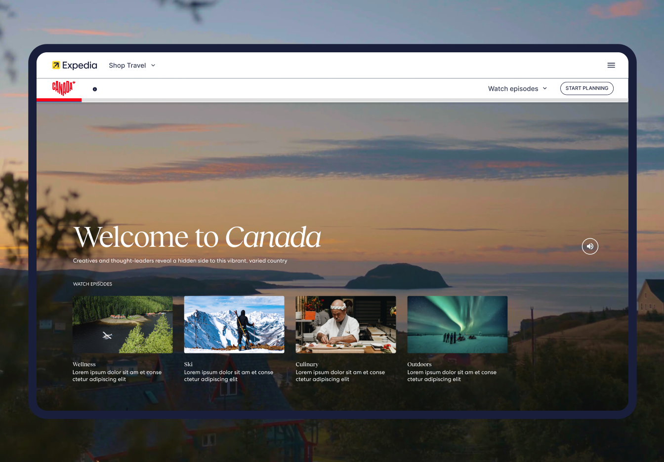 Homepage of Canada’s tourism expedia website showcasing scenic destinations and welcome message.