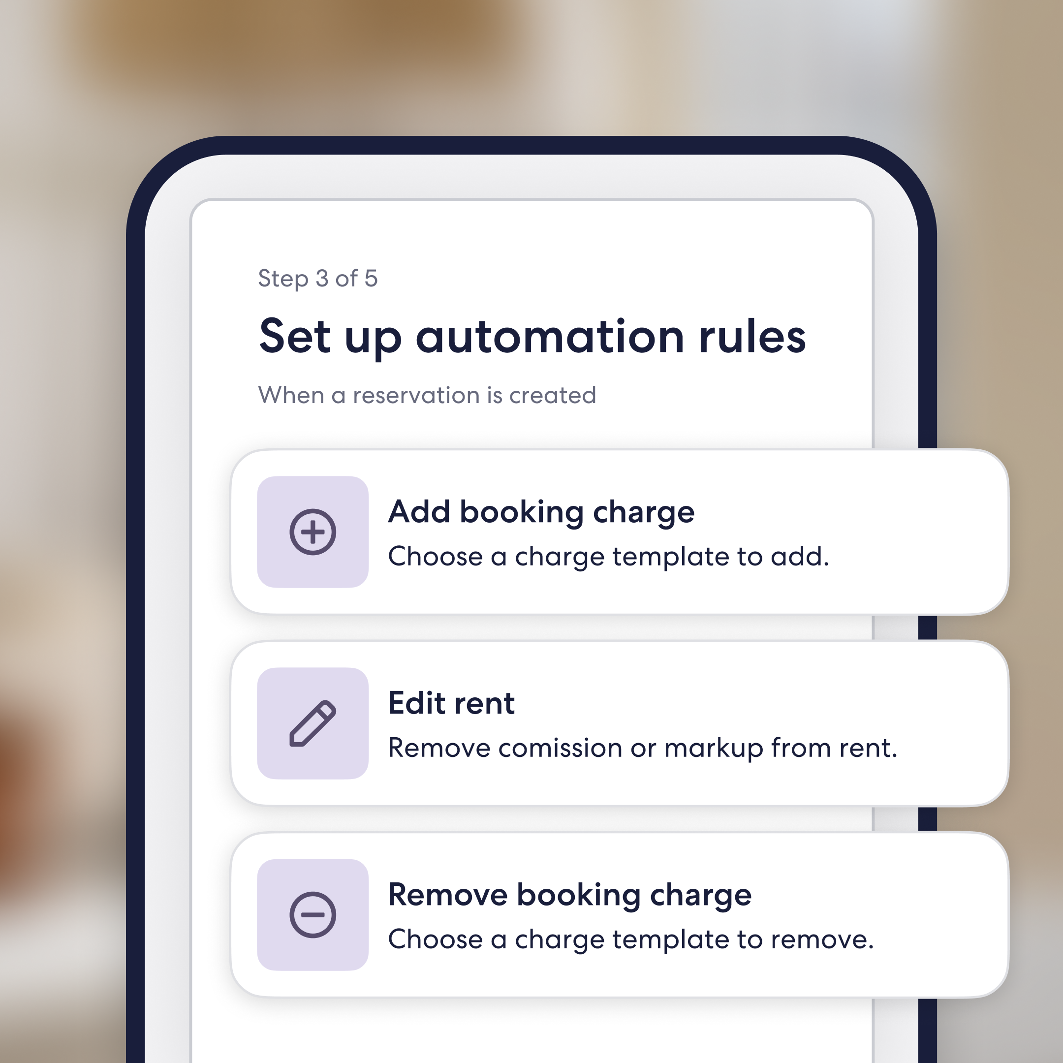 Smartphone displaying the Vrbo host setup flow at Step 3 of 5 — 'Set up automation rules.' Triggered when a reservation is created, the screen offers three automation actions: 'Add booking charge' (choose a charge template to add), 'Edit rent' (remove commission or markup from rent), and 'Remove booking charge' (choose a charge template to remove).
