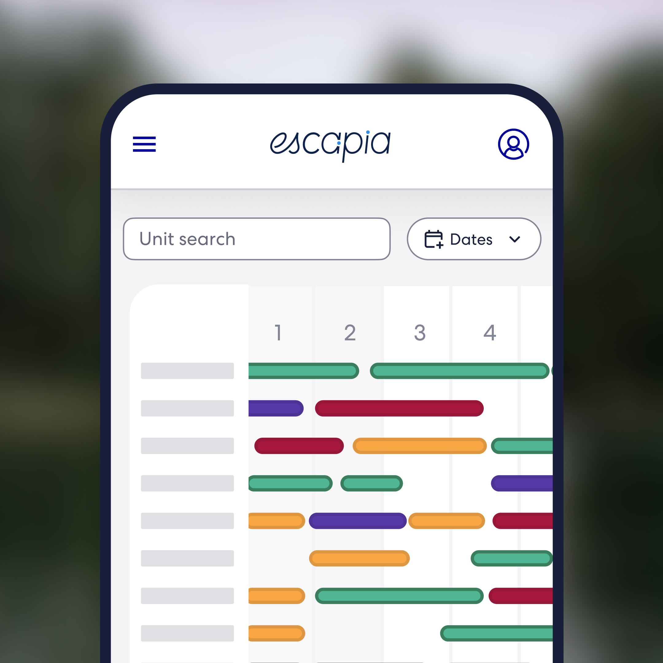 Escapia mobile app showing a color-coded booking calendar with unit search and date filters for managing multiple vacation rental properties.
