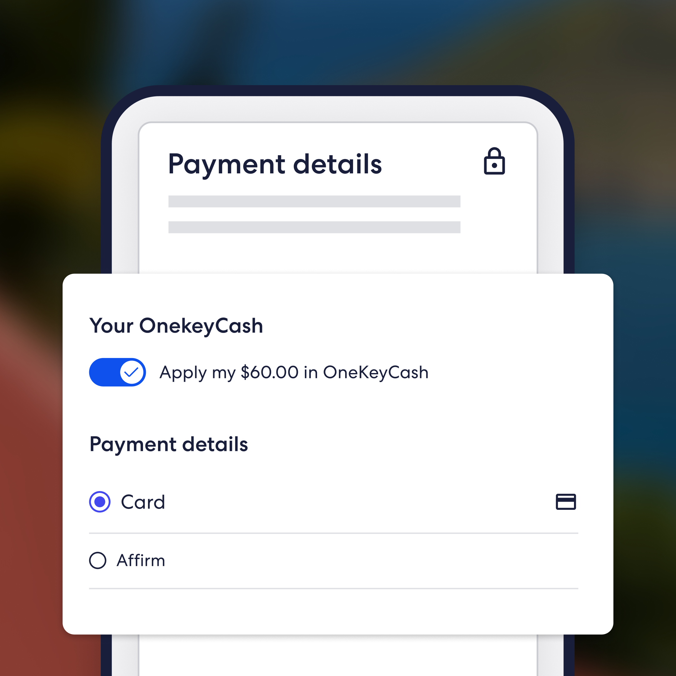 Smartphone displaying the Vrbo Payment Details screen. A 'Your OneKeyCash' section shows a toggle enabled to apply $60.00 in OneKeyCash rewards. Below, Payment Details lists two payment methods: Card (selected) and Affirm. A lock icon indicates a secure transaction.