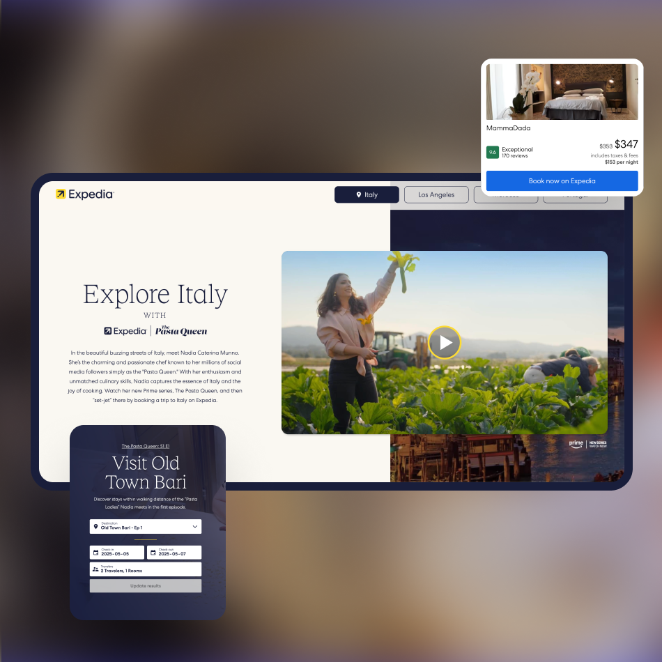 Expedia website layout showcasing Italy’s travel offerings, with sections for nature, food, and local experiences.