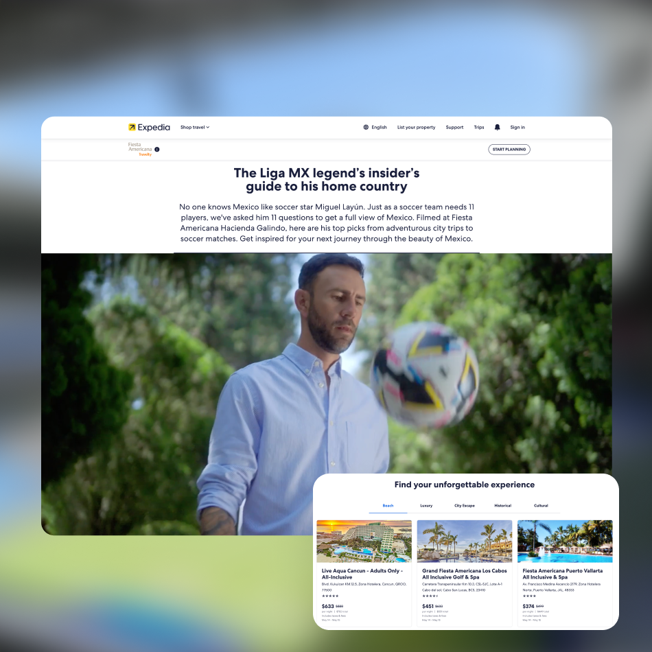 Expedia website mockup highlighting outdoor and wellness-focused tourism with imagery and booking info.