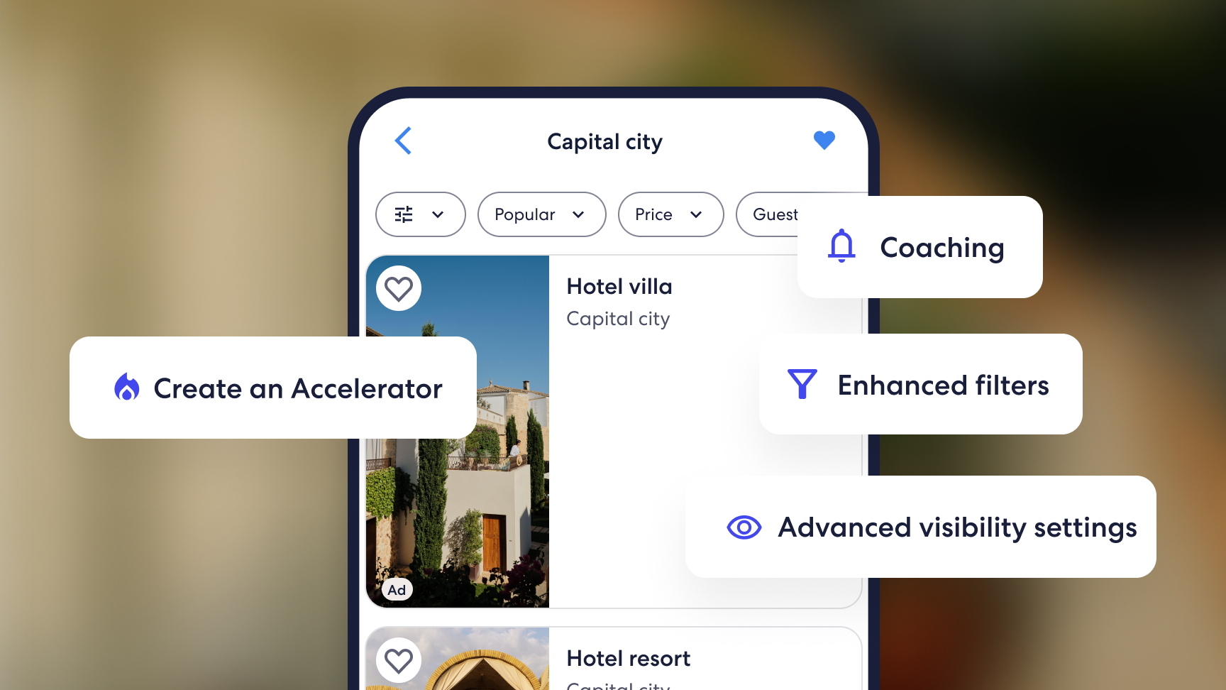 A product abstraction showing hotel listing search results highlighting new features with a ‘Create an Accelerator’ action.