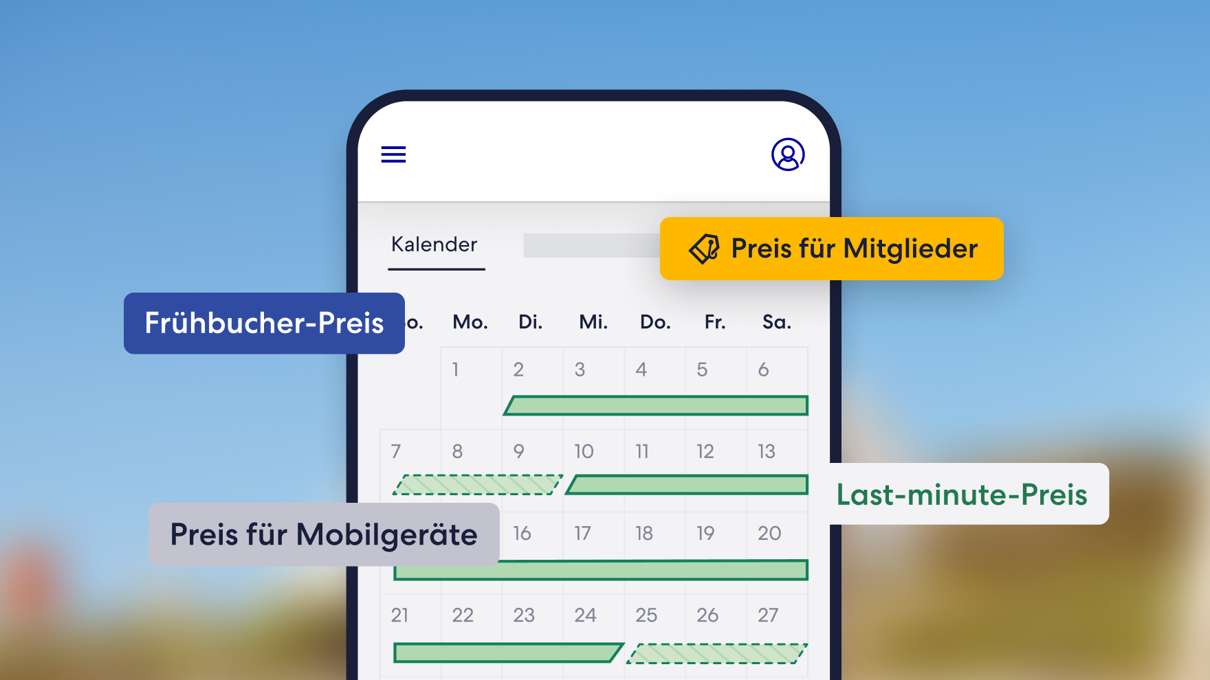 Eine mobile Kalenderoberfläche hebt verschiedene Promotions-Preisarten hervor, darunter Frühbucher-Preise, Mitglieder-Preise, Preise für Mobilgeräte und Last-minute-Preise.