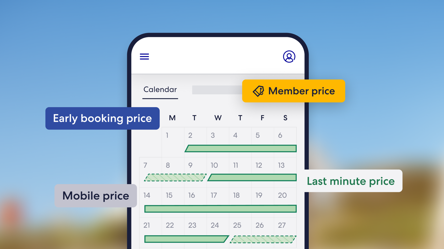 A mobile calendar interface highlights various promotional price types, including Early booking, Member, Mobile, and Last minute prices.