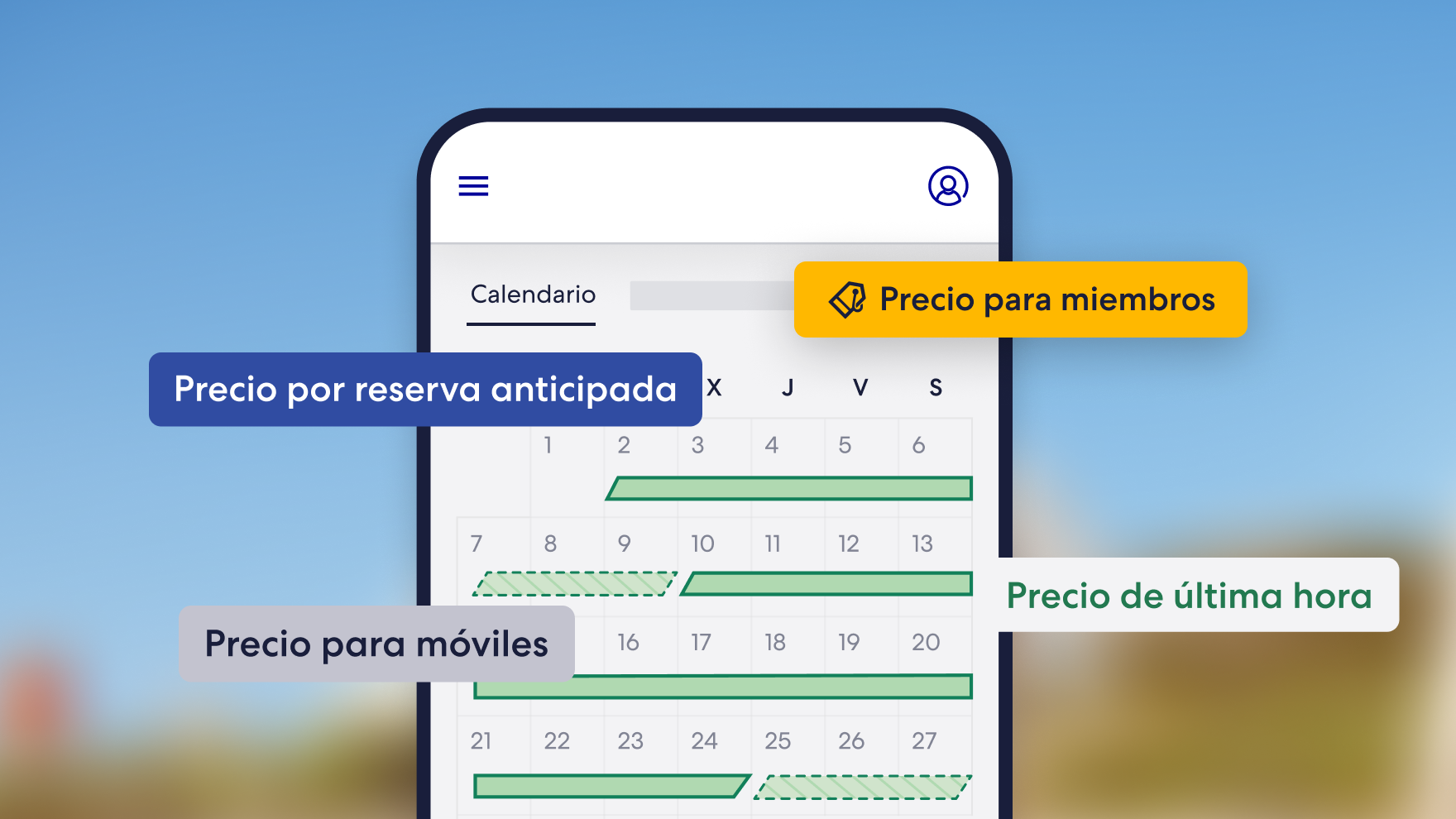 Una interfaz de calendario móvil destaca varios tipos de precios promocionales, incluidos los de reserva anticipada, ofertas exclusivas para miembros, para dispositivos móviles y de última hora.