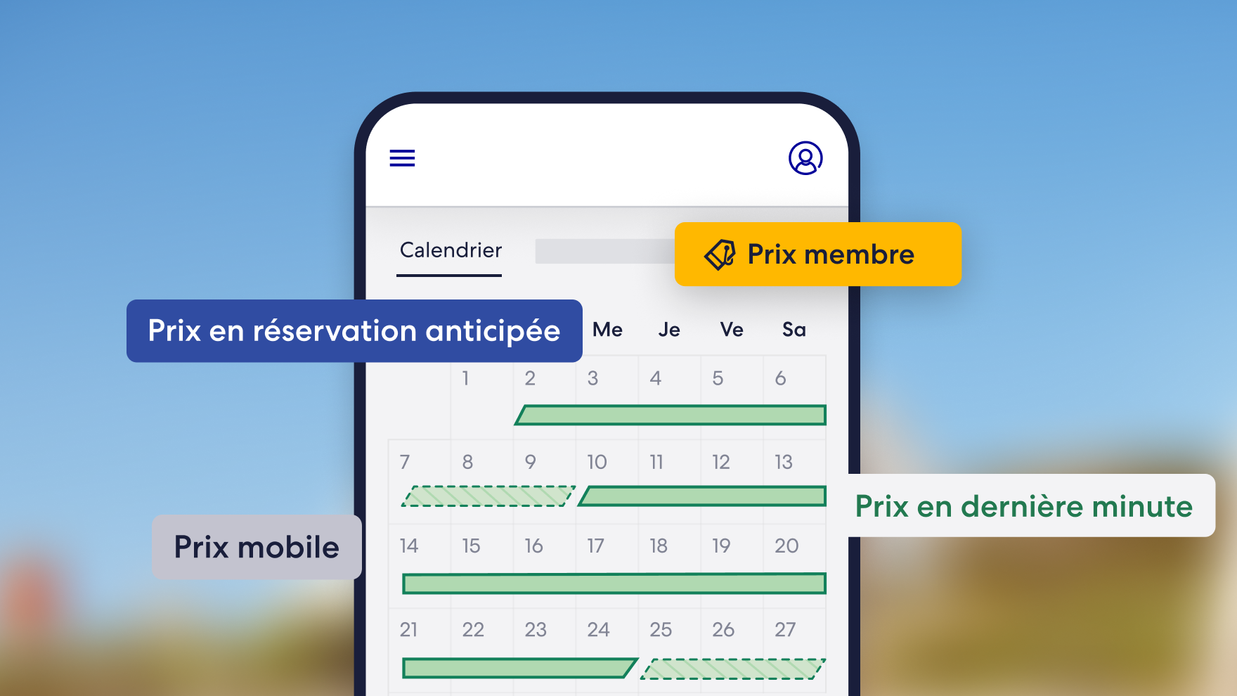 Une interface de calendrier sur mobile met en évidence les différents types de prix promotionnels, y compris les prix de réservation anticipée, réservés aux membres, mobiles et de dernière minute.