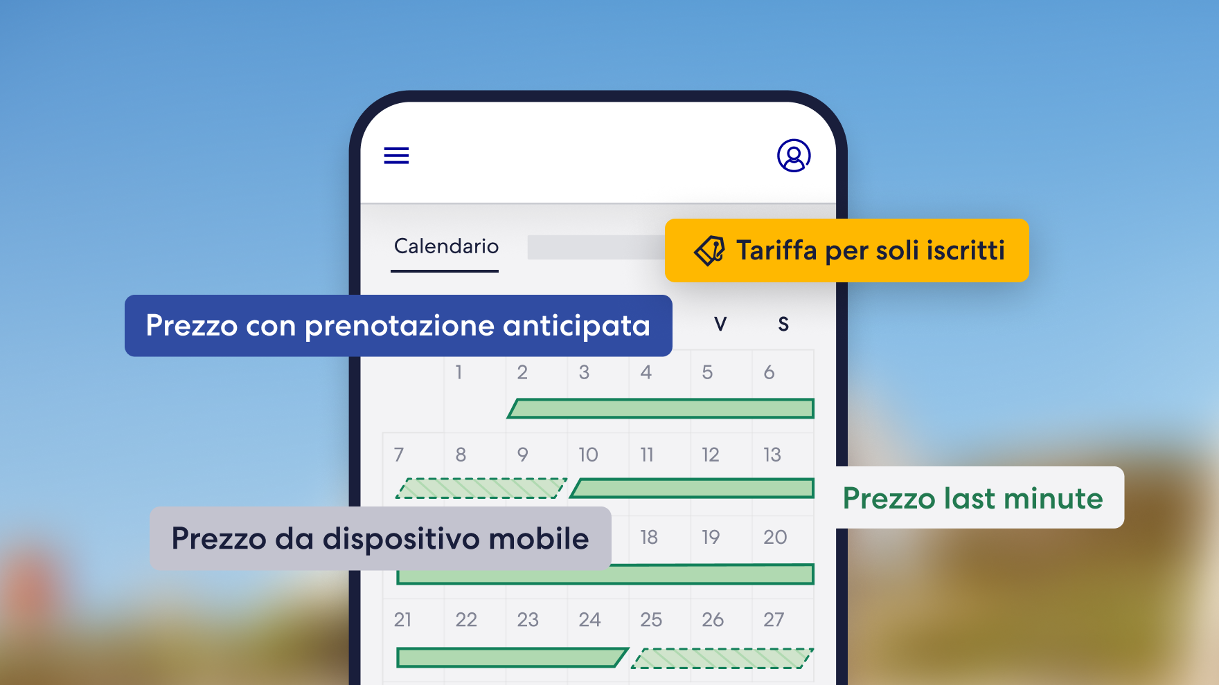 L'interfaccia del calendario per dispositivi mobili evidenzia i vari tipi di prezzi promozionali, tra cui prenotazione anticipata, iscritti, dispositivi mobili e last minute.