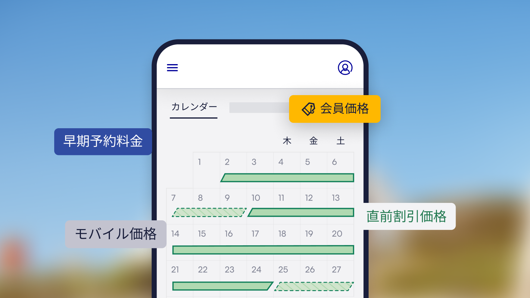 早期予約、会員価格、モバイル価格、直前割引など、さまざまなタイプのプロモーション価格が表示されているモバイルカレンダーのインターフェース。