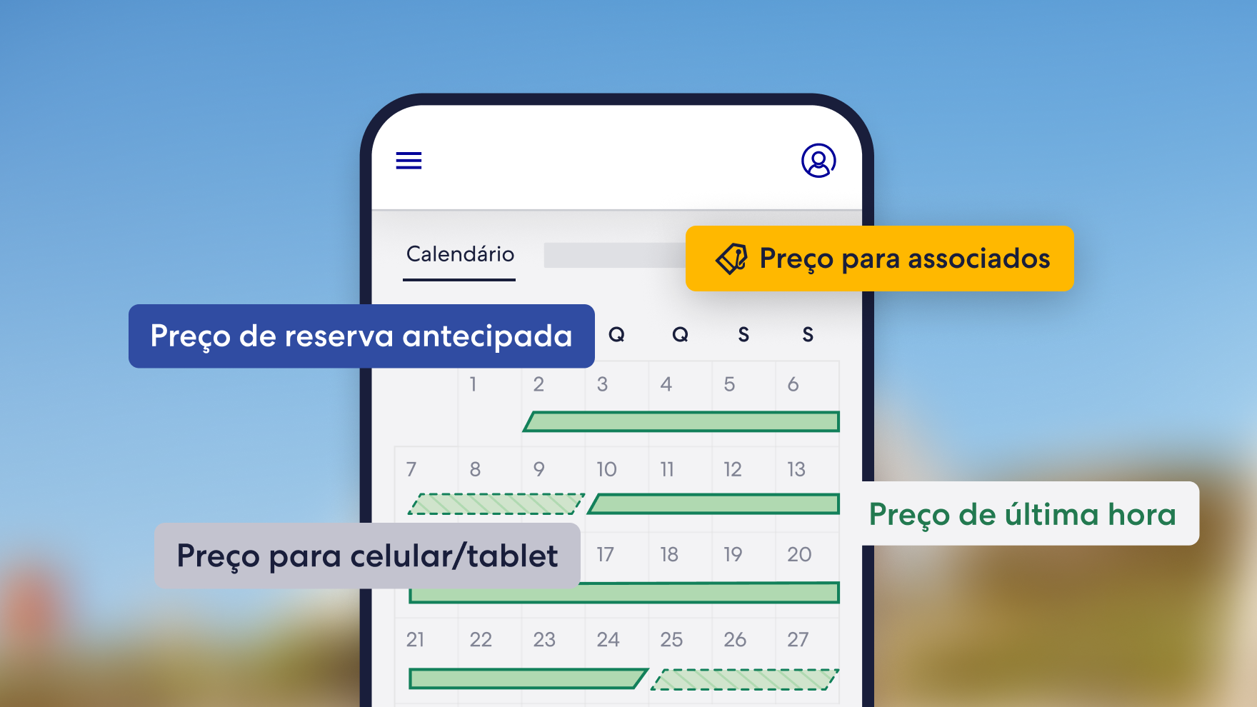 Uma interface de calendário em celular destaca vários tipos de preços promocionais, incluindo preços de reserva antecipada, para associados, para celular/tablet e de última hora.