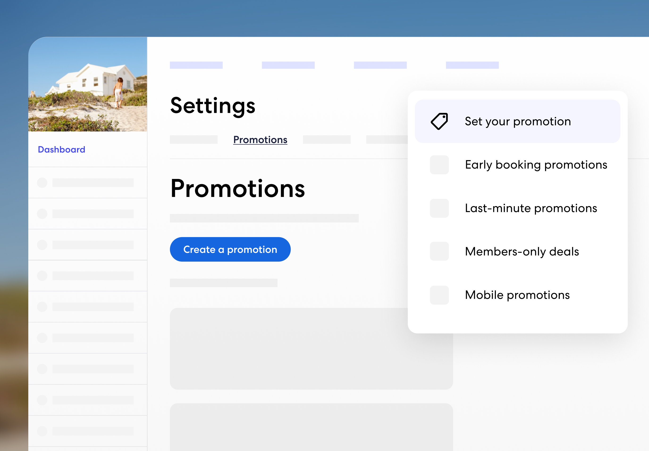 A dashboard view under ‘Settings’ shows the Promotions tab, where a pop-up menu lets users select from different promotion types such as Early booking, Last minute, Members-Only deals and Mobile promotions.