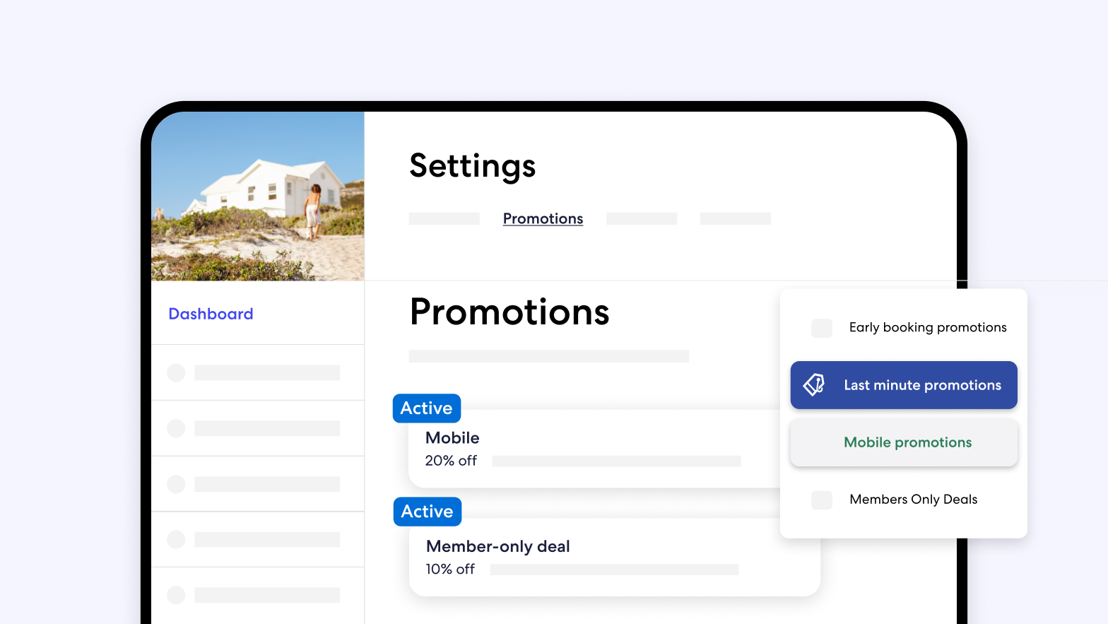 A dashboard view under “Settings” shows the Promotions tab, where a pop-up menu lets users select from different promotion types like Early booking, Last minute, Members Only Deals, and Mobile promotions.