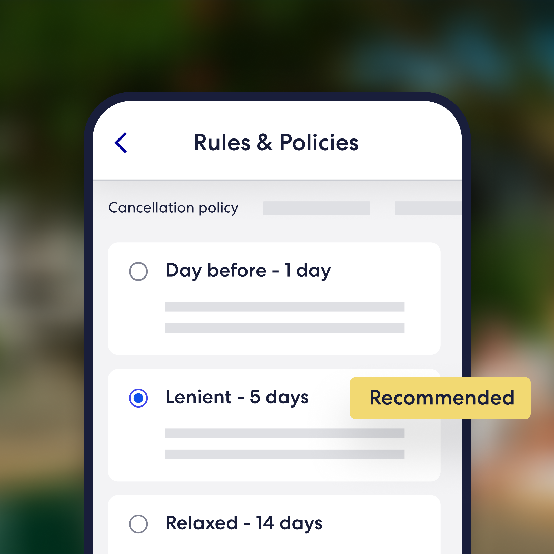 Vrbo host cancellation policy settings on mobile with the recommended option selected.