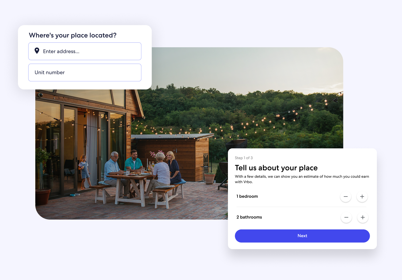 Vrbo host sign-up interface over a photo of guests dining outside at a vacation rental, illustrating the steps to describe a property.