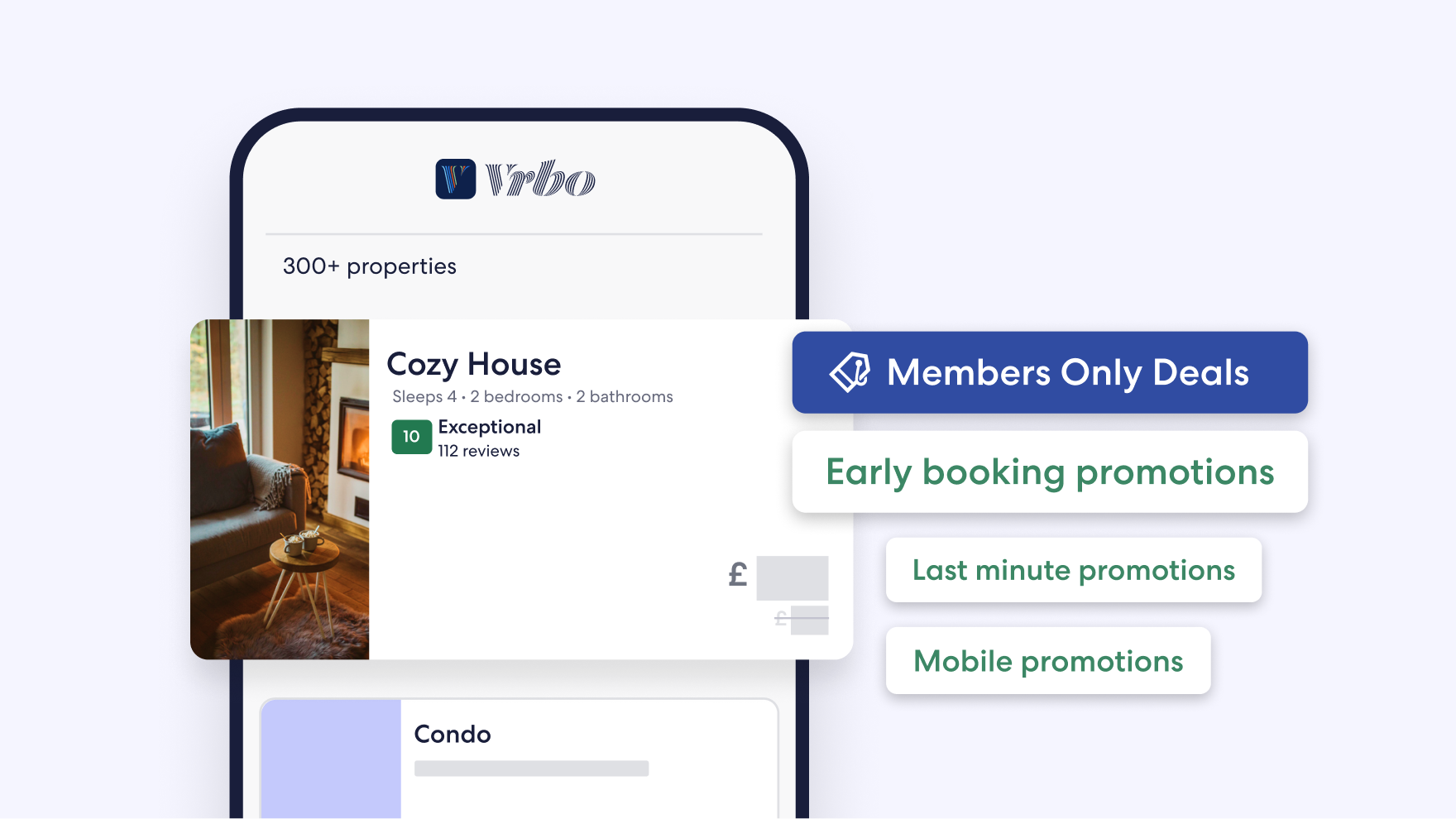 Vrbo dashboard interface displaying a holiday rental listing card for a beachfront condo, including a Members-Only Deals badge, guest review score and MarketMaker analytics chart with opportunity insights. The right side features a headline encouraging hosts to write their holiday rental success story, supporting text about guest-first principles and pricing strategies and a prominent ‘optimise your listing’ call-to-action button.