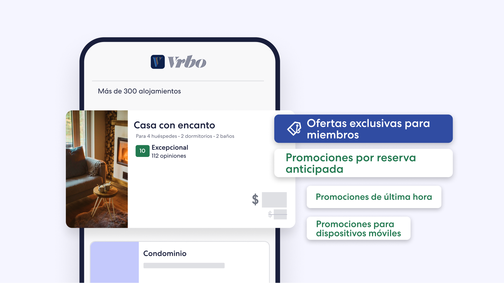 Interfaz del Espacio Propietario de Vrbo que muestra una tarjeta de anuncio de alquiler vacacional de un apartamento en primera línea de playa, con un distintivo de ofertas exclusivas para miembros, la puntuación de los huéspedes y un gráfico analítico de MarketMaker con información sobre oportunidades. En la parte derecha hay un encabezado que anima a los anfitriones a escribir su historia de éxito en el negocio de los alquileres vacacionales, un texto de apoyo sobre los principios para priorizar el bienestar de los huéspedes y las estrategias de precios, y un destacado botón de llamada a la acción que dice "Optimizar anuncio".