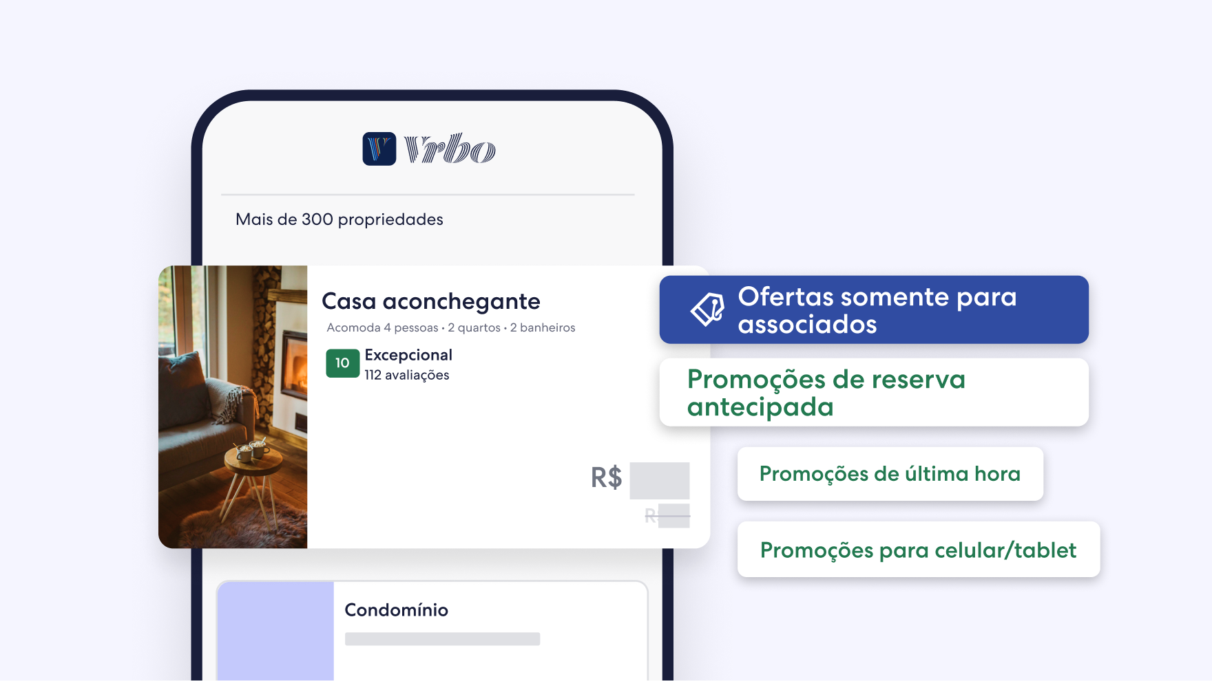 Interface do painel de controle do Vrbo exibindo um anúncio de aluguel de temporada para um condomínio à beira-mar, incluindo um selo de ofertas somente para associados, a pontuação da avaliação do hóspede e um gráfico analítico do MarketMaker com informações sobre oportunidades. O lado direito apresenta um título incentivando os anfitriões a escreverem sua história de sucesso com aluguéis de temporada, um texto de apoio sobre princípios que priorizam o hóspede e estratégias de precificação, e um botão de chamada para ação em destaque: "Melhore o seu anúncio".