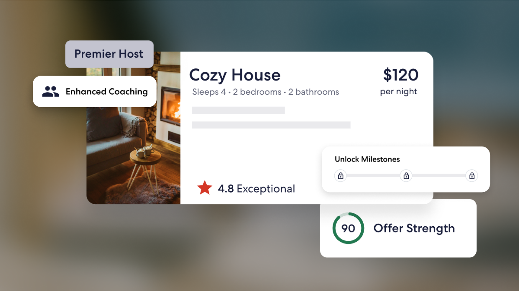 User interface showing a property listing card with ratings, Premier Host and Enhanced Coaching tags, price per night, and offer strength metrics.
