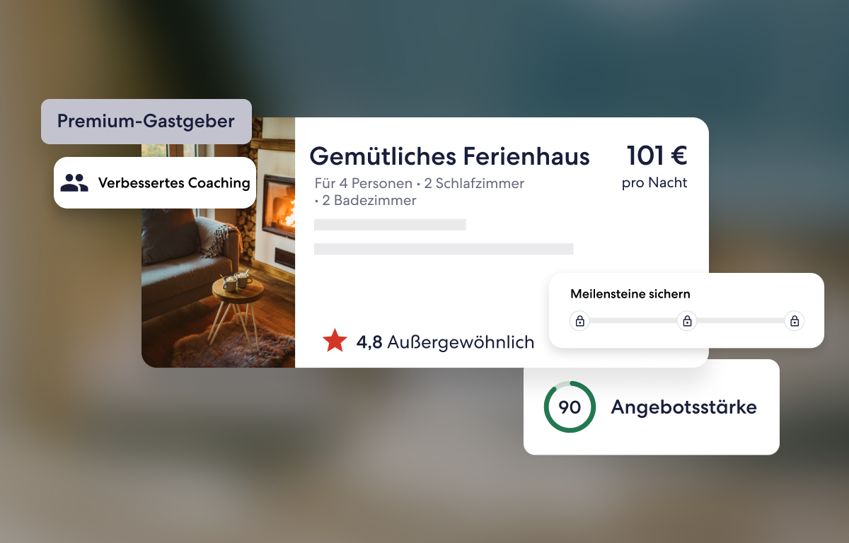 Die Benutzeroberfläche zeigt eine Karte eines Unterkunftsinserats mit Bewertungen, den Tags „Premium-Gastgeber“ und „verbessertes Coaching“, dem Preis pro Nacht und einer Anzeige der Angebotsstärke.