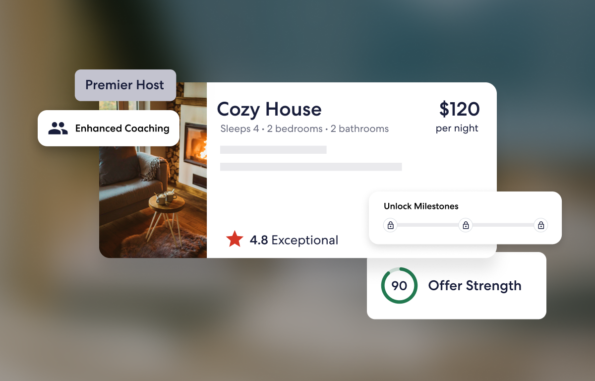 User interface showing a property listing card with ratings, Premier Host and Enhanced Coaching tags, price per night and offer strength metrics.