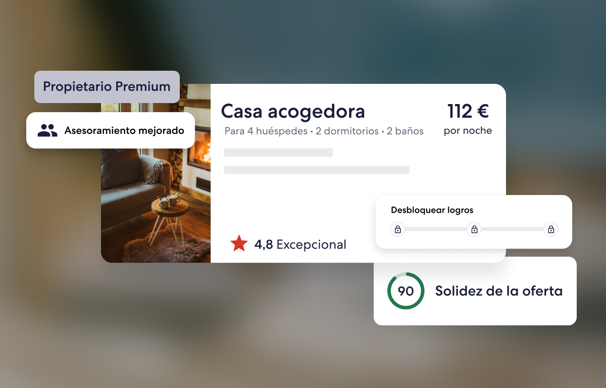 Interfaz de usuario que muestra una tarjeta de anuncio de alojamientos con valoraciones, etiquetas de propietario Premium y asesoramiento mejorado, precio por noche y métricas de solidez de la oferta.