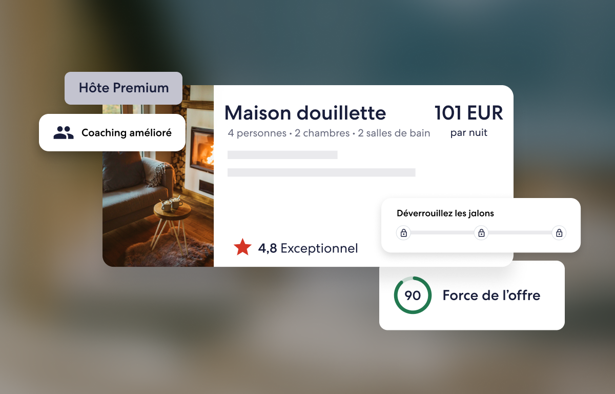 Interface utilisateur montrant l’annonce d’un hébergement avec sa note globale, des badges Hôte Premium et Coaching amélioré (en anglais), le prix par nuit et la note de force de l’offre.