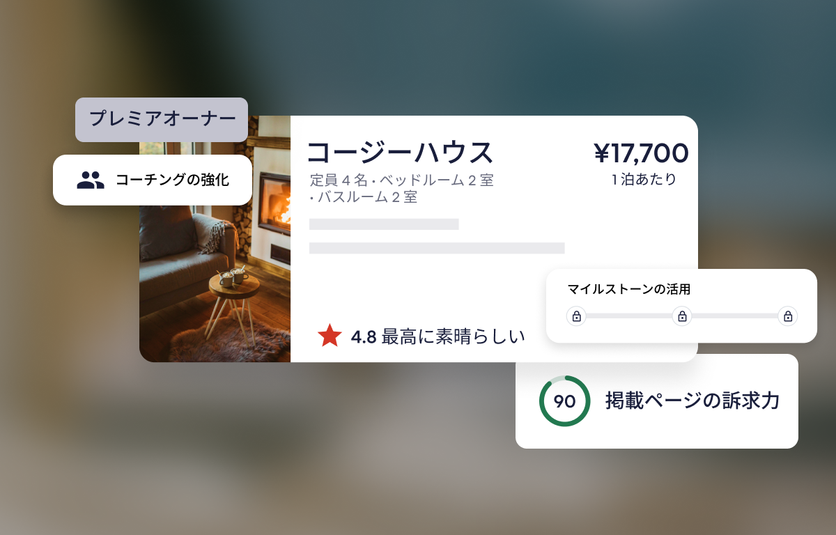 施設の評価を含むリスティングカード、プレミアオーナーとコーチングの強化のタグ、1 泊あたりの料金、および掲載ページの訴求力の指標が表示されたユーザー インターフェース。