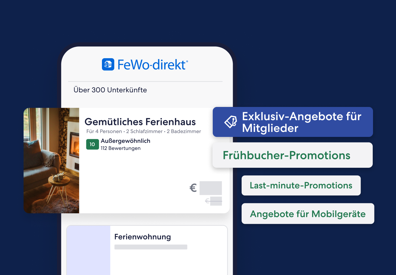 Suchergebnisse auf Vrbo, die eine Ferienunterkunft namens "Cozy House" mit der Bewertung Außergewöhnlich zeigen; außerdem sind Logos mit Promo-Optionen für Exklusiv-Angebote für Mitglieder, Frühbucherangebote, Last-minute-Angebote und Angebote für Mobilgeräte zu sehen.