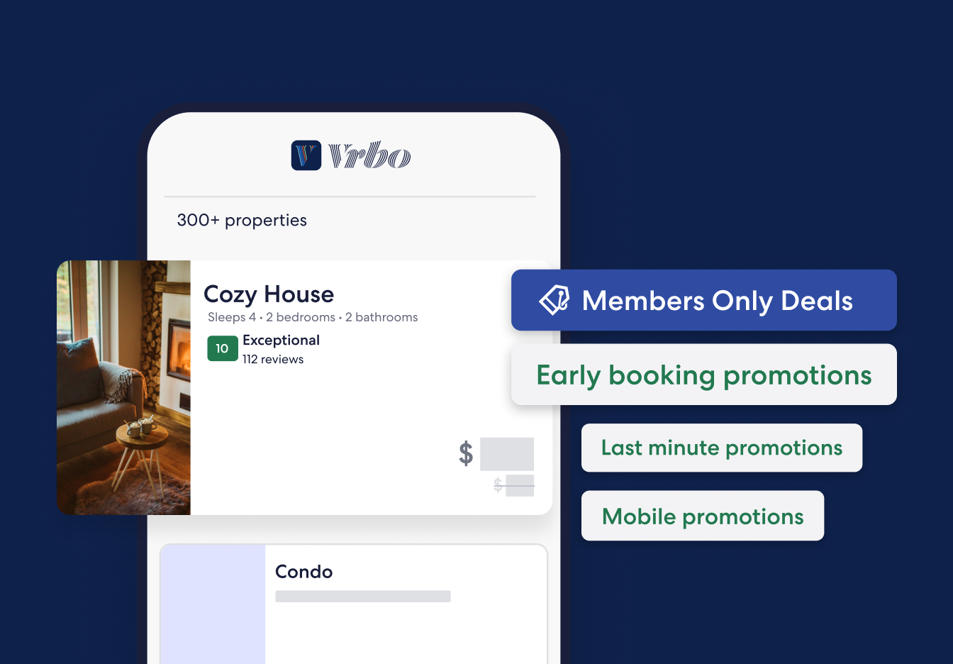Vrbo search results showing “Cozy House” rated Exceptional; promo options for Members Only, Early booking, Last minute, and Mobile.
