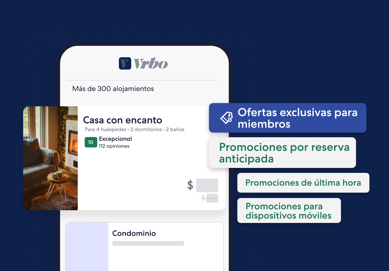 Resultados de búsqueda de Vrbo que muestran "Cozy House" con calificación "Exceptional"; opciones de promoción exclusivas para miembros, reserva anticipada, de última hora y para móviles.