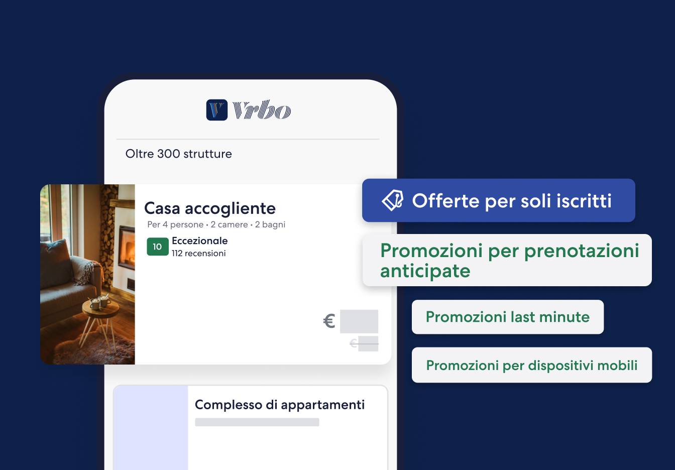 I risultati della ricerca di Vrbo mostrano "Cozy House" classificato come Eccezionale; opzioni promozionali per soli iscritti, per le prenotazioni anticipate, last minute o effettuate da dispositivi mobili.