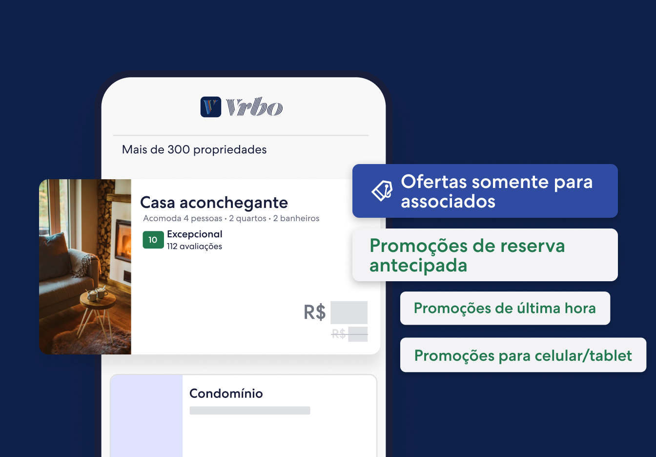 Resultados da busca na Vrbo mostrando "casa aconchegante" classificada como Excepcional; opções promocionais somente para associados, reserva antecipada, última hora e pelo celular/tablet.