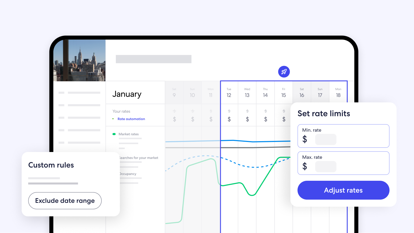 A digital interface displaying a pricing automation dashboard for a vacation rental platform. It shows rate limits, market trends, and occupancy data for January, highlighting rate adjustments over time