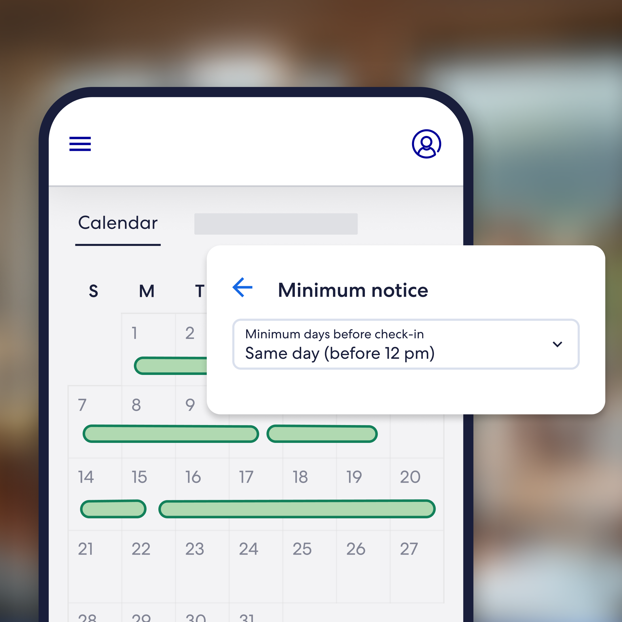 Smartphone displaying the Vrbo host calendar with booking availability highlighted across several dates. A 'Minimum notice' overlay lets the host set the minimum days before check-in, currently configured to 'Same day (before 12 pm).'